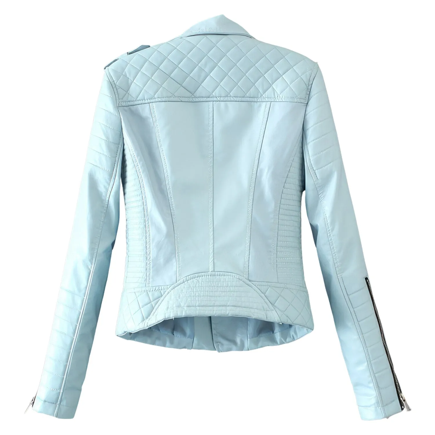 : Women’s Sky Blue Biker Genuine Sheepskin Lapel Collar Café Racer Outfit Quilted Design Sporty Crossover Asymmetric Rider Leather Jacket