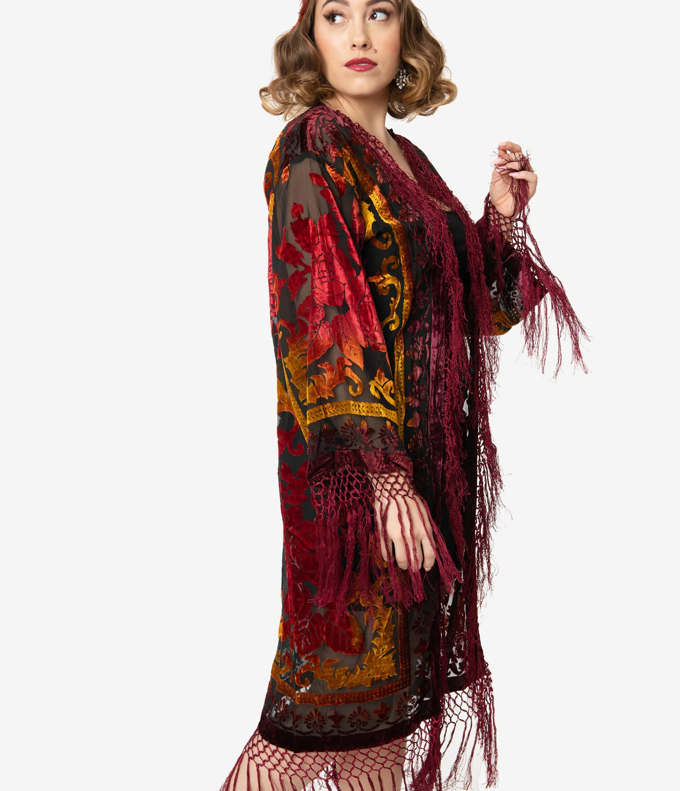 1920s Burgundy Devore Velvet Lattice Scarf Coat