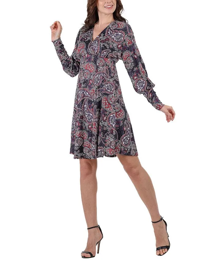 24seven Comfort Apparel Women's Long Sleeve Paisley Cocktail Dress multicolor