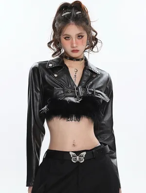 Ayanna Solid Color Black Faux Leather Long Sleeve Patchwork Fluff Chest Strap Jacket