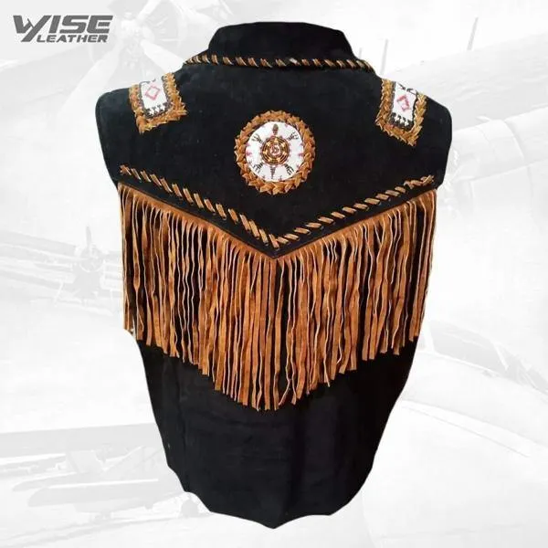 Black Cowboy Suede Leather Fringes, Bones & Beads Stylish Vest