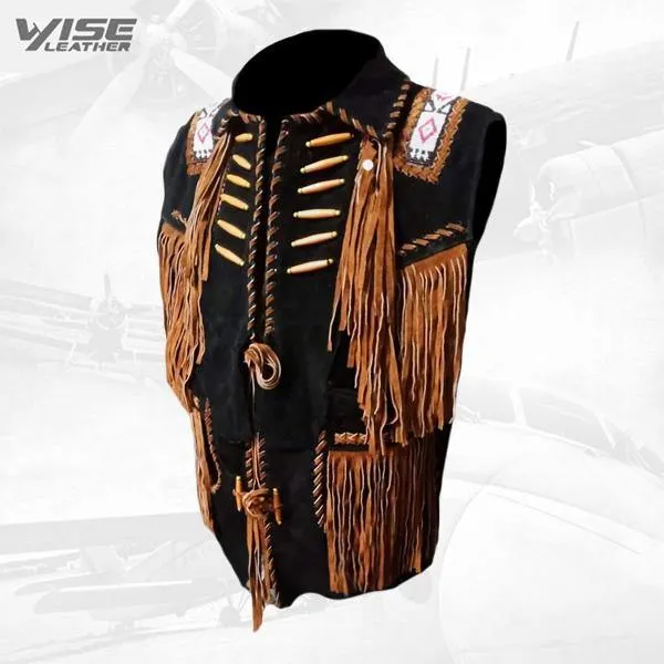 Black Cowboy Suede Leather Fringes, Bones & Beads Stylish Vest