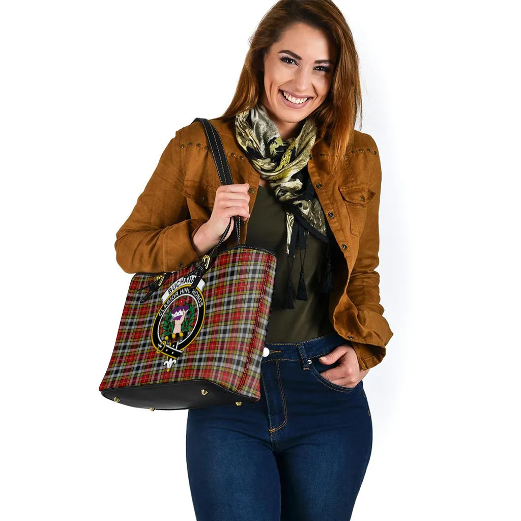 Buchanan Old Dress Tartan Leather Tote Bag with Family Crest