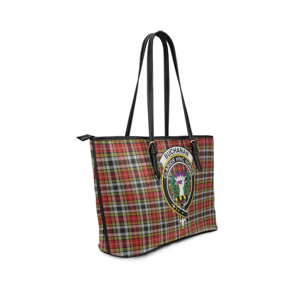 Buchanan Old Dress Tartan Leather Tote Bag with Family Crest