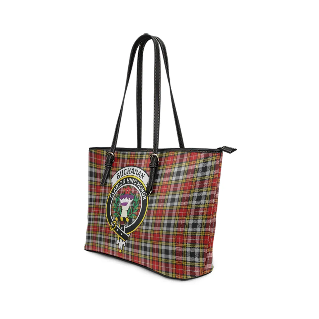 Buchanan Old Dress Tartan Leather Tote Bag with Family Crest