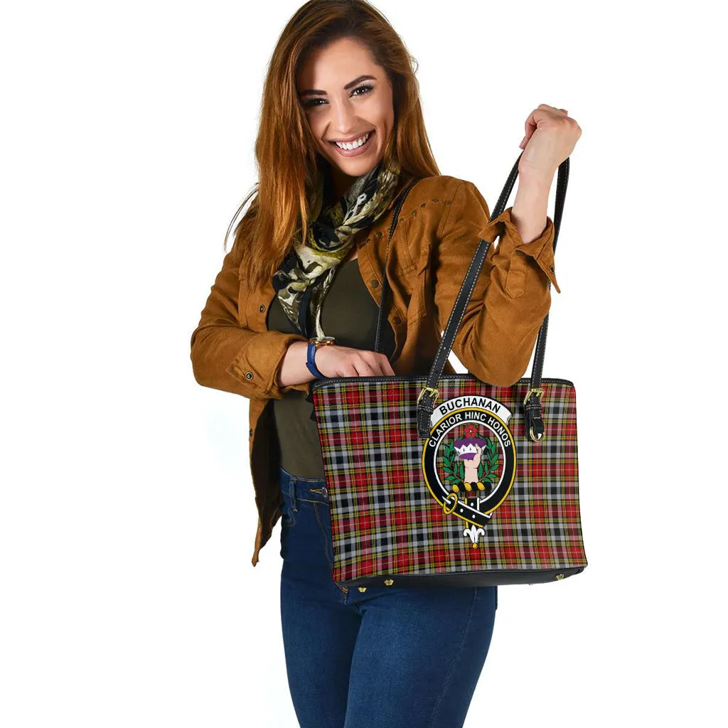 Buchanan Old Dress Tartan Leather Tote Bag with Family Crest