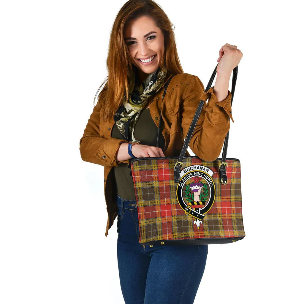 Buchanan Old Set Weathered Tartan Leather Tote Bag with Family Crest