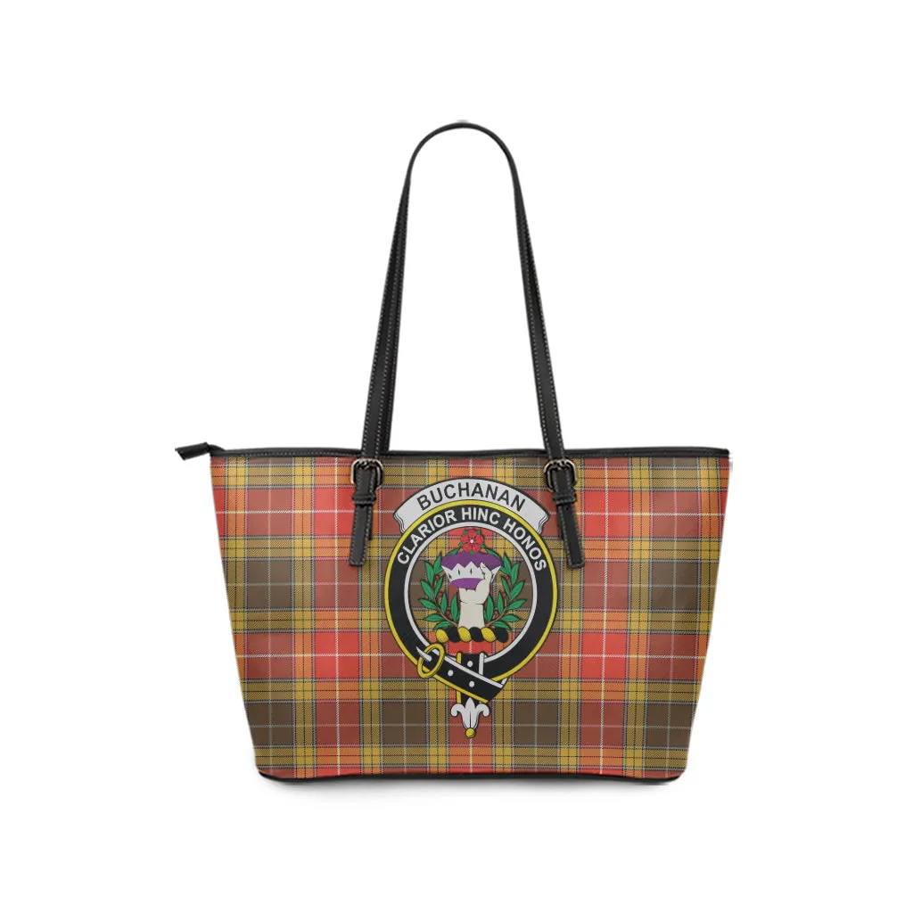 Buchanan Old Set Weathered Tartan Leather Tote Bag with Family Crest