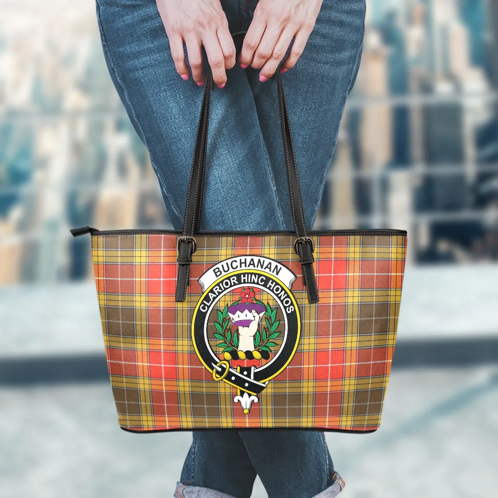 Buchanan Old Set Weathered Tartan Leather Tote Bag with Family Crest