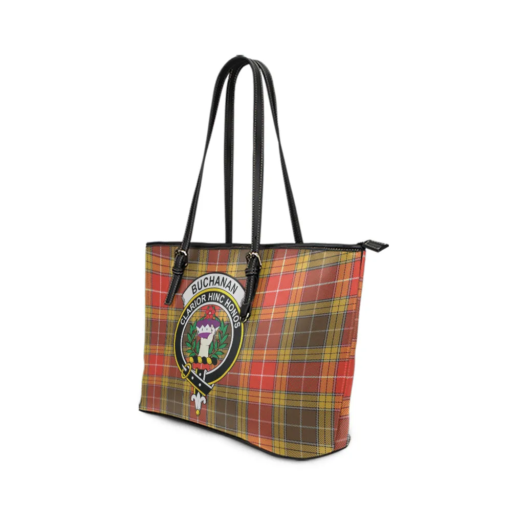 Buchanan Old Set Weathered Tartan Leather Tote Bag with Family Crest