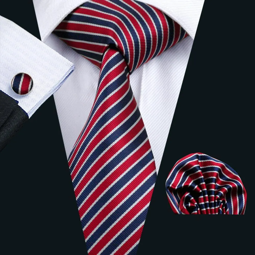 Classic Blue Red Striped Silk Men's Tie Pocket Square Cufflinks Gift Box Set