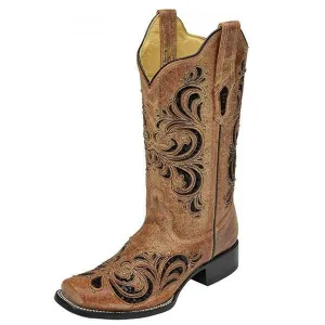 Corral Women's Distressed Cognac Sequin Studded Cowgirl Boot Square Toe - R1289