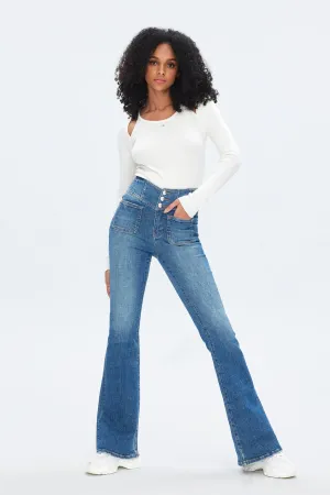 Dark Blue V-Shape High Rise Vintage Flared Jeans