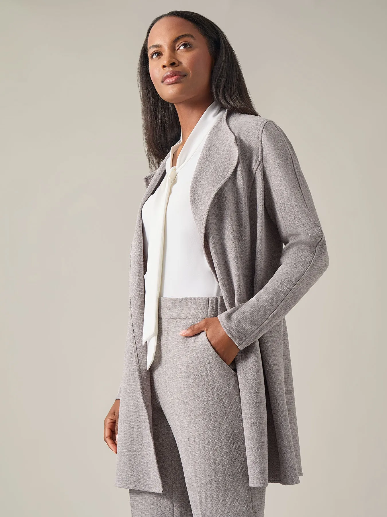 Drape Front Cardigan Blazer, Melange Crepe