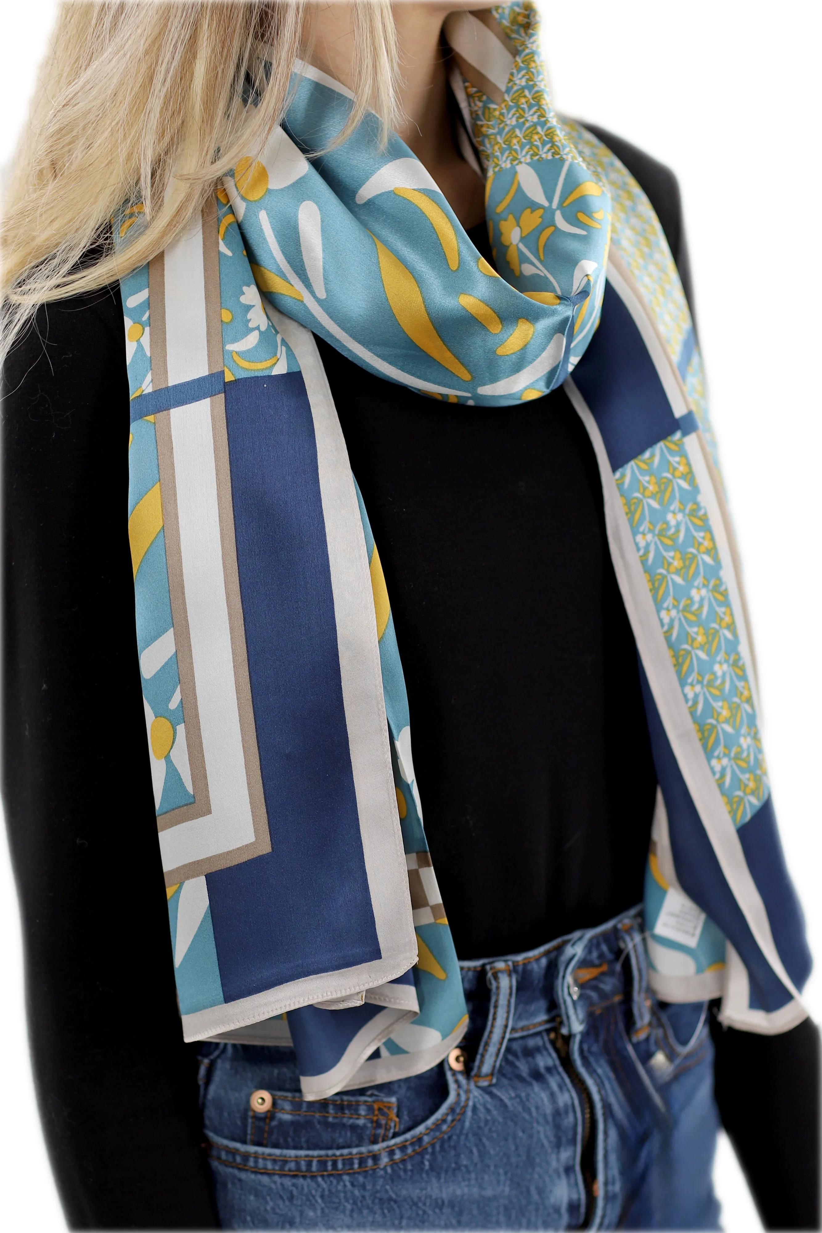 Elegant 100% Silk Floral Print Scarf - Blue - One Size (38x30in)