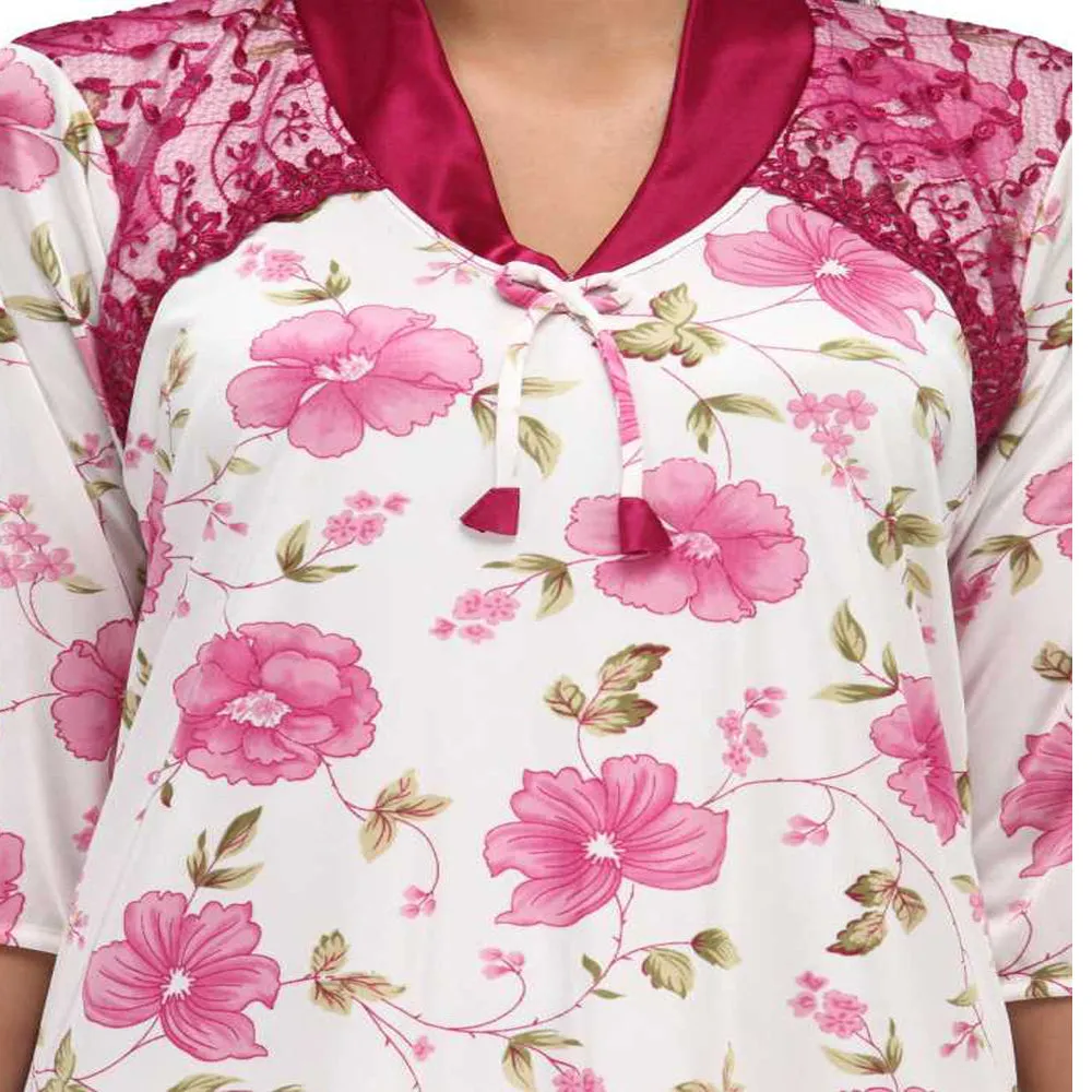 Floral Print Full Length Pink Women's Nightgown