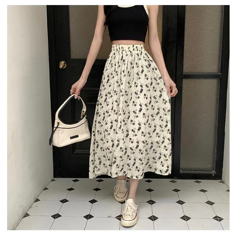 Floral Print Midi Elastic Waist Versatile Mesh Skirt