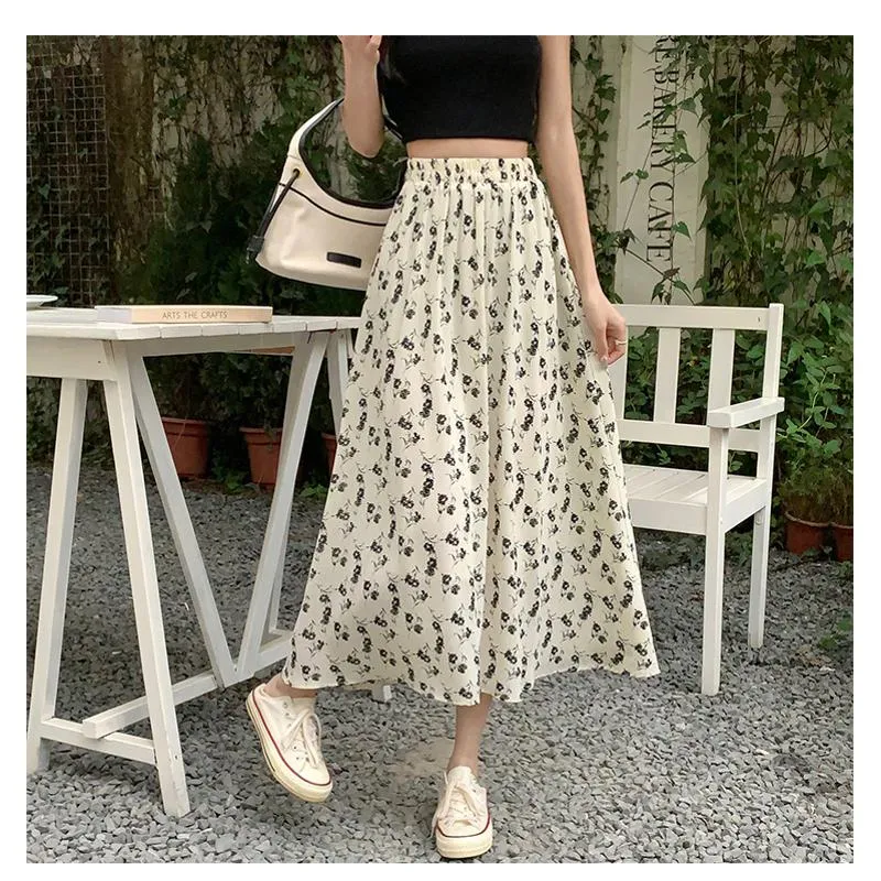 Floral Print Midi Elastic Waist Versatile Mesh Skirt