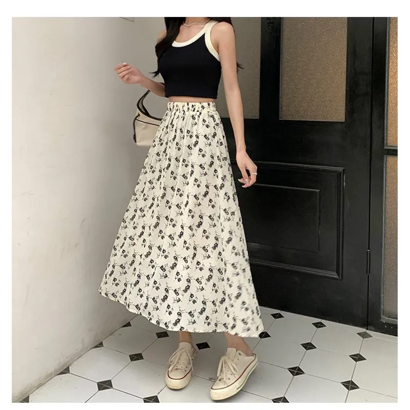 Floral Print Midi Elastic Waist Versatile Mesh Skirt