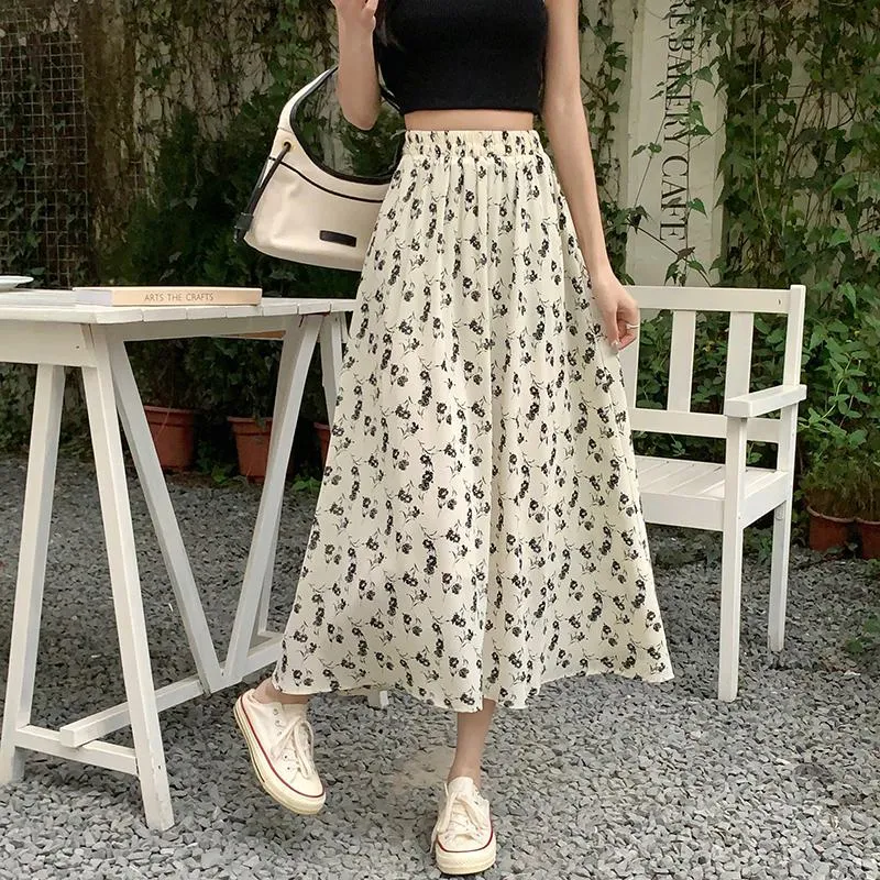 Floral Print Midi Elastic Waist Versatile Mesh Skirt