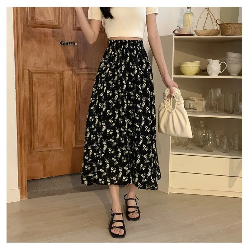 Floral Print Midi Elastic Waist Versatile Mesh Skirt