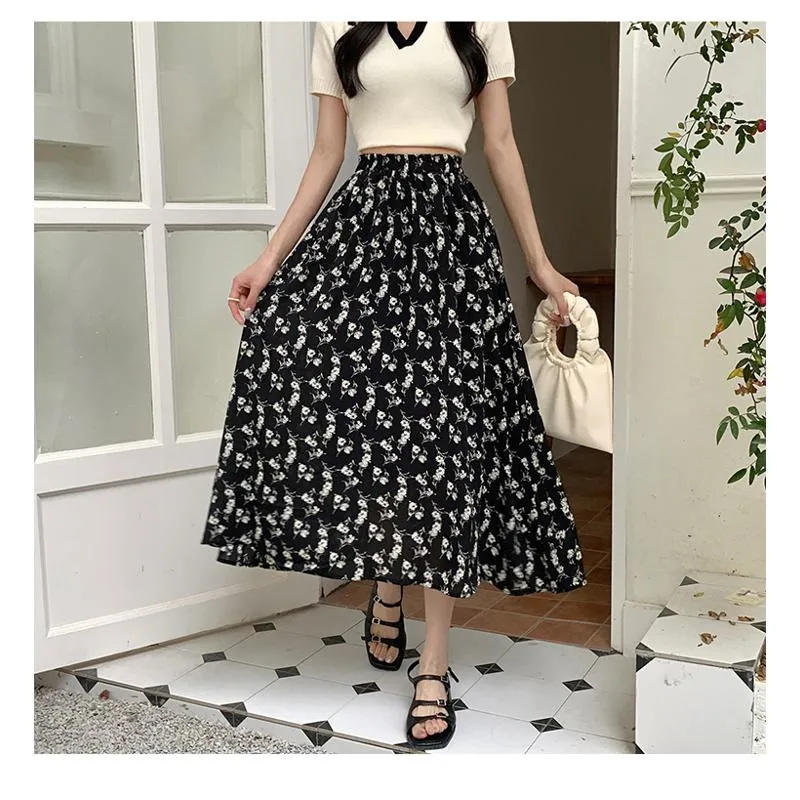 Floral Print Midi Elastic Waist Versatile Mesh Skirt