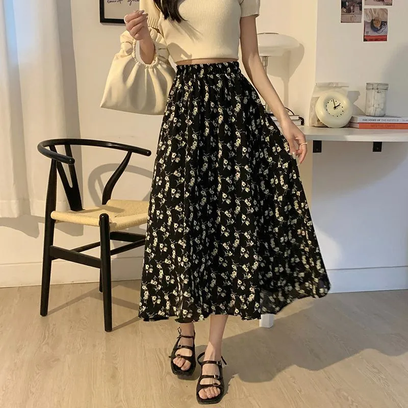 Floral Print Midi Elastic Waist Versatile Mesh Skirt