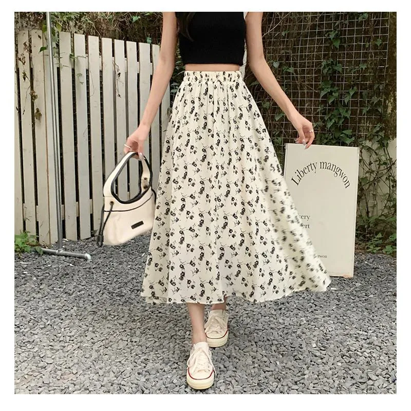 Floral Print Midi Elastic Waist Versatile Mesh Skirt