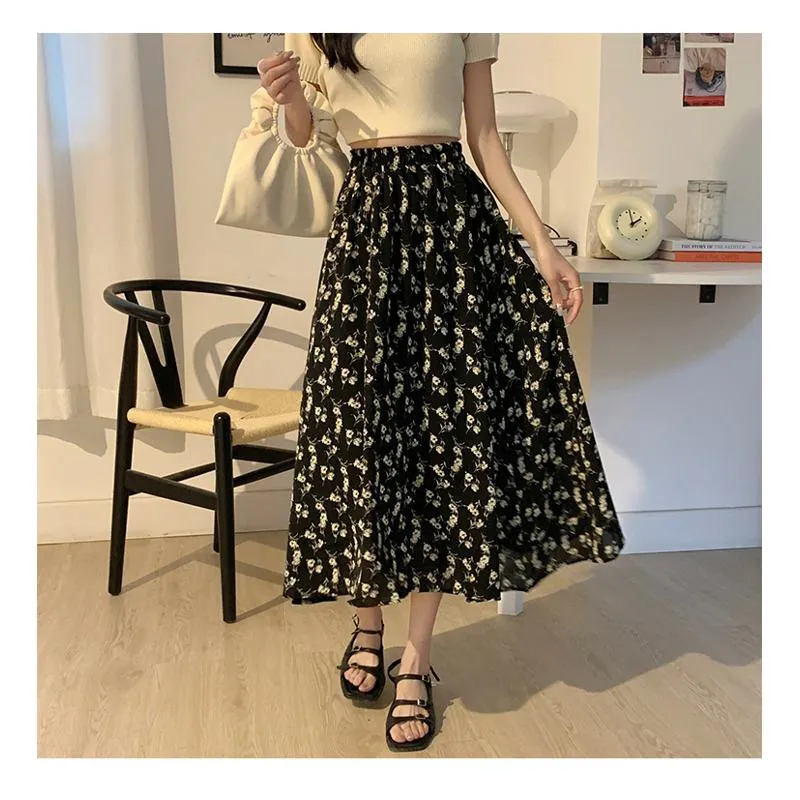 Floral Print Midi Elastic Waist Versatile Mesh Skirt