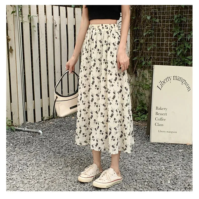 Floral Print Midi Elastic Waist Versatile Mesh Skirt