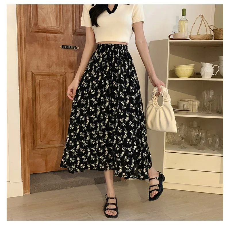 Floral Print Midi Elastic Waist Versatile Mesh Skirt