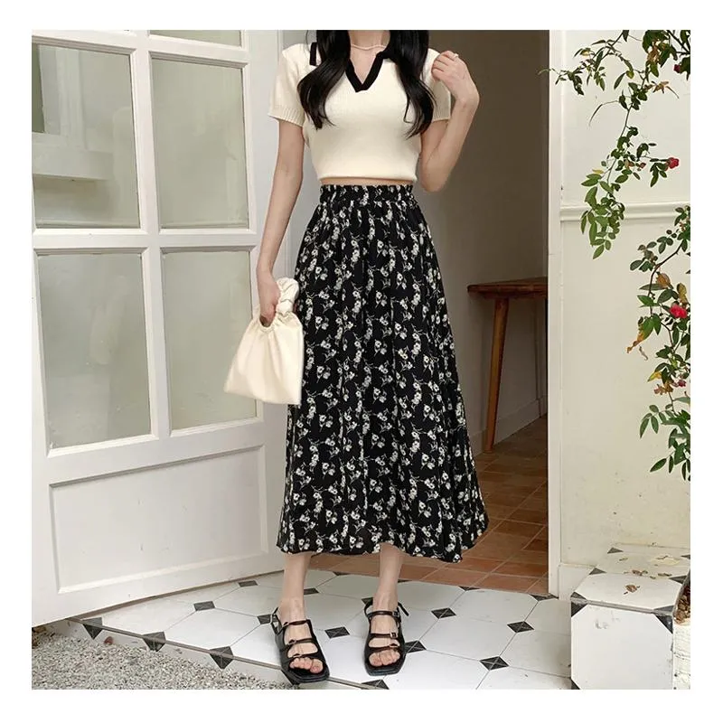 Floral Print Midi Elastic Waist Versatile Mesh Skirt