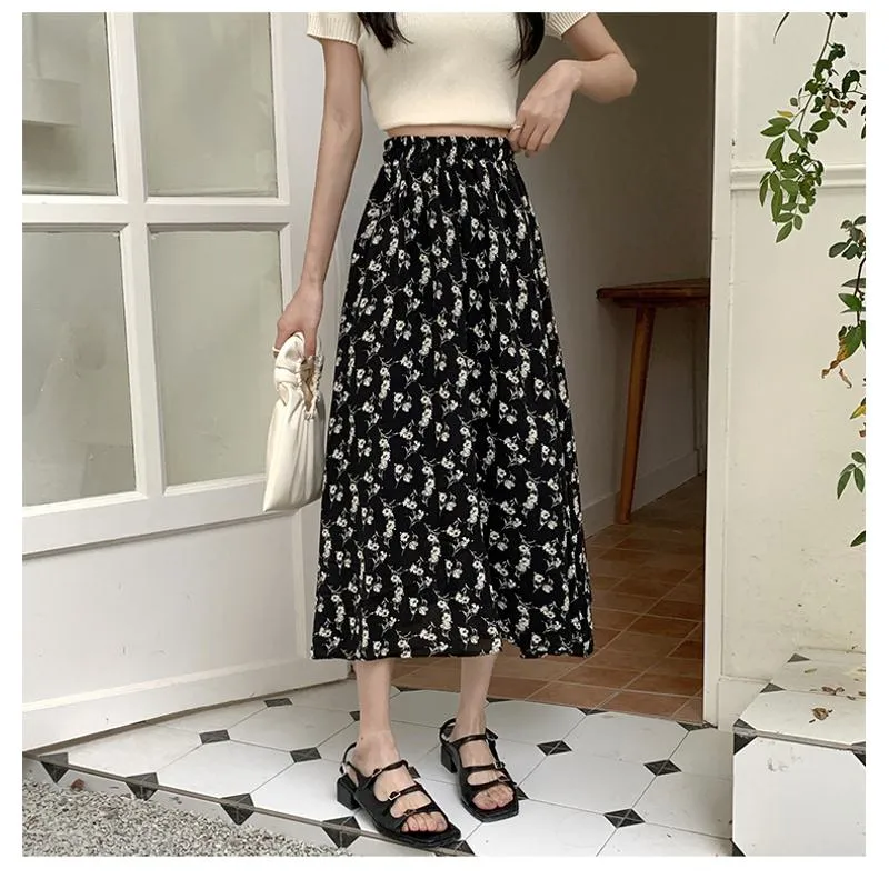 Floral Print Midi Elastic Waist Versatile Mesh Skirt