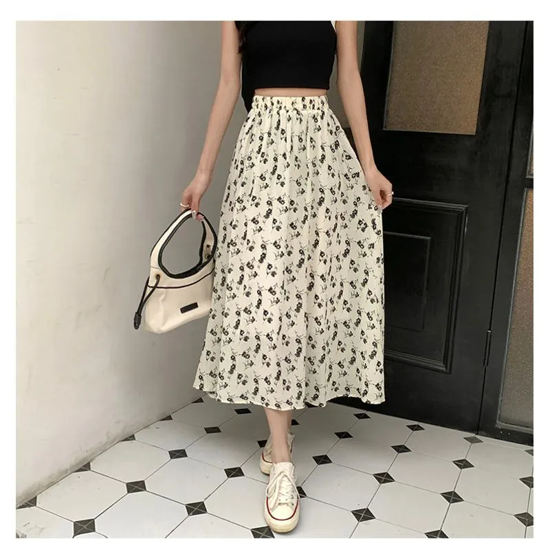 Floral Print Midi Elastic Waist Versatile Mesh Skirt