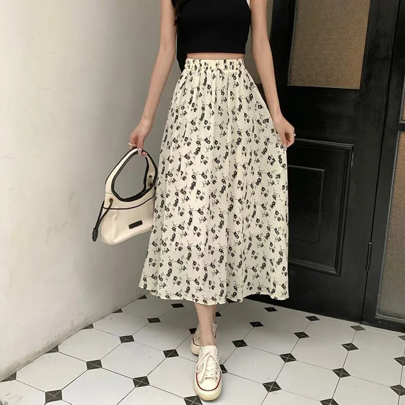 Floral Print Midi Elastic Waist Versatile Mesh Skirt