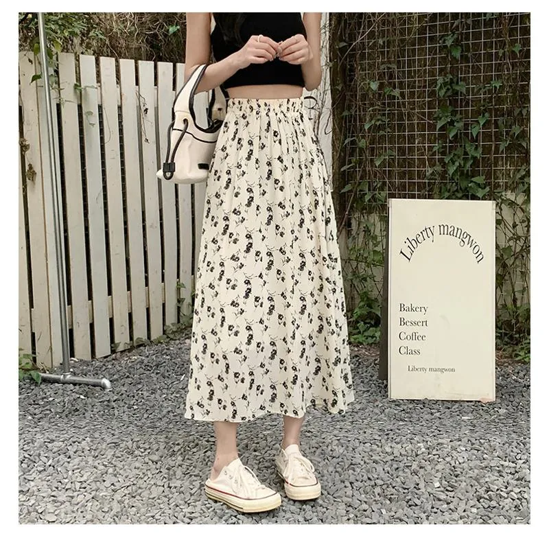 Floral Print Midi Elastic Waist Versatile Mesh Skirt