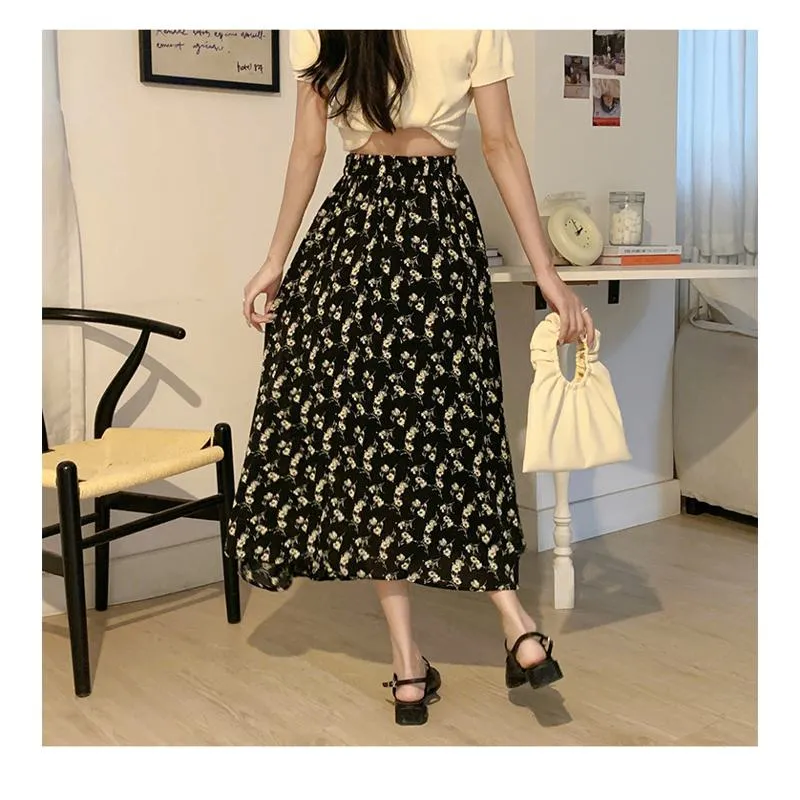 Floral Print Midi Elastic Waist Versatile Mesh Skirt