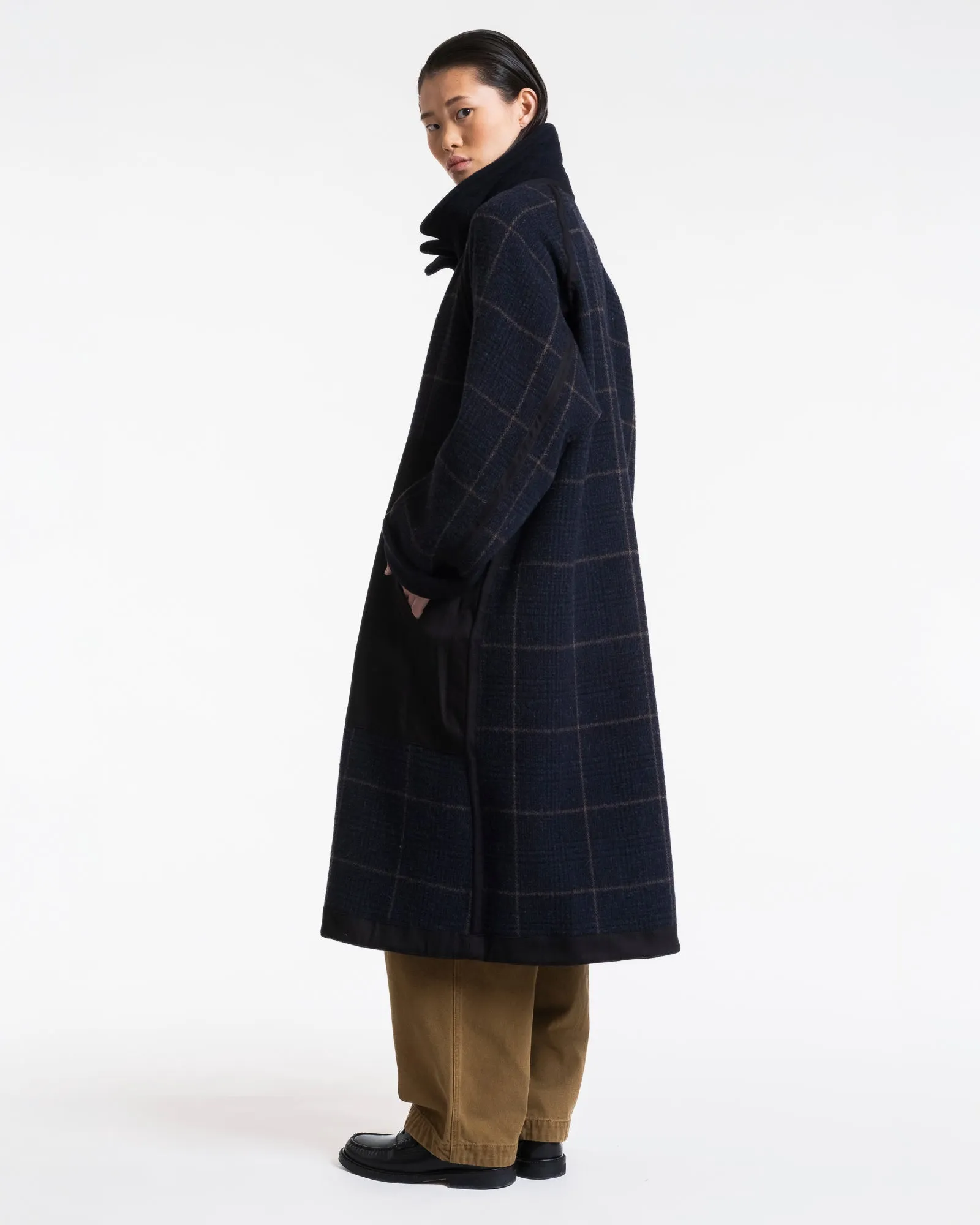 G.o.D Army Trench Reversible Tambura Golf Wool Navy/Brown Check