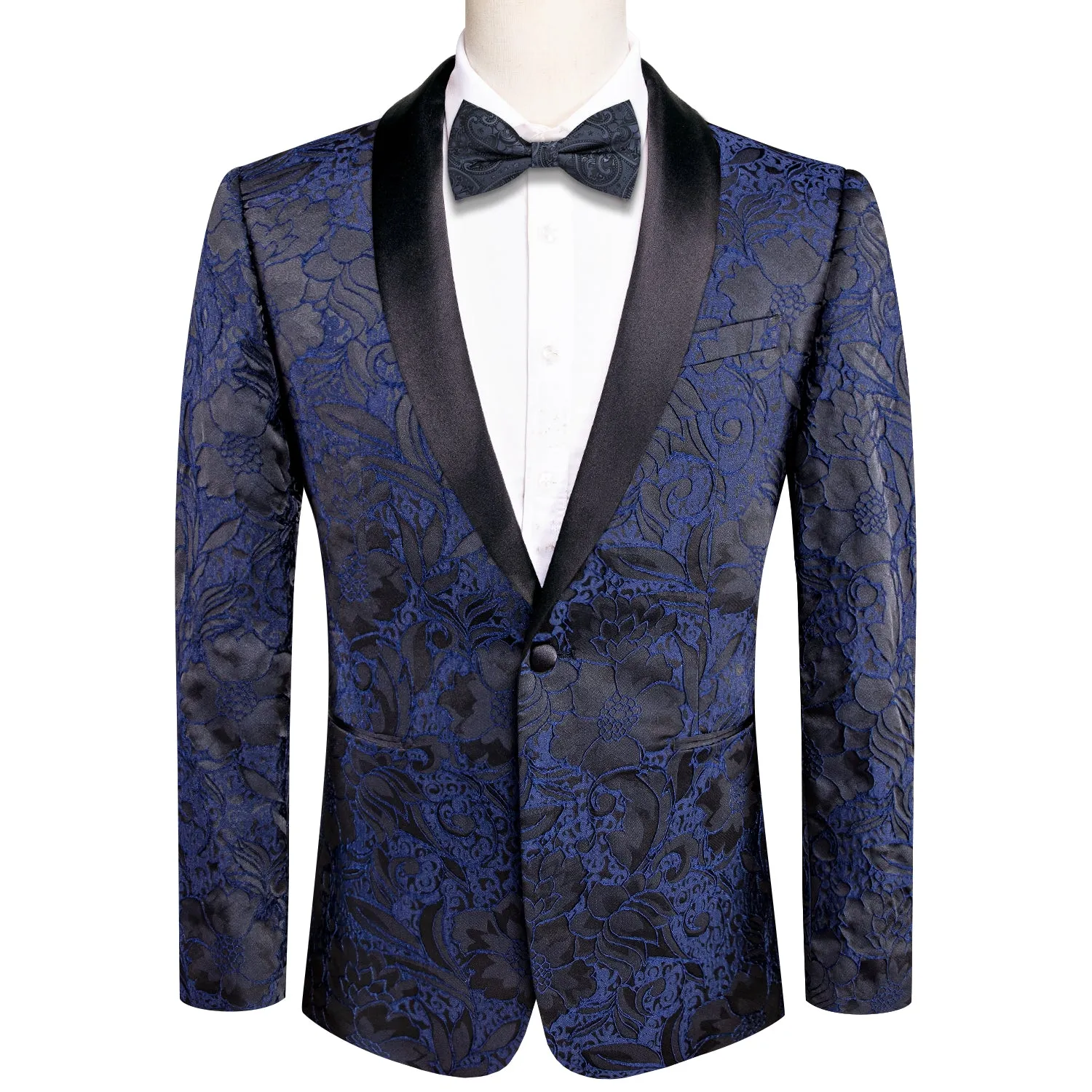 Hi-Tie Black Shawl Lapel Suit Luxury Blue Black Floral Men's Suit Set