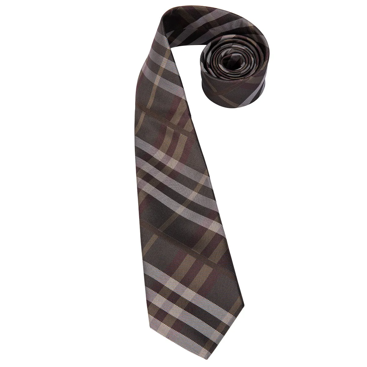 Hi-Tie Classic Brown Plaid Men's Necktie Pocket Square Cufflinks Set