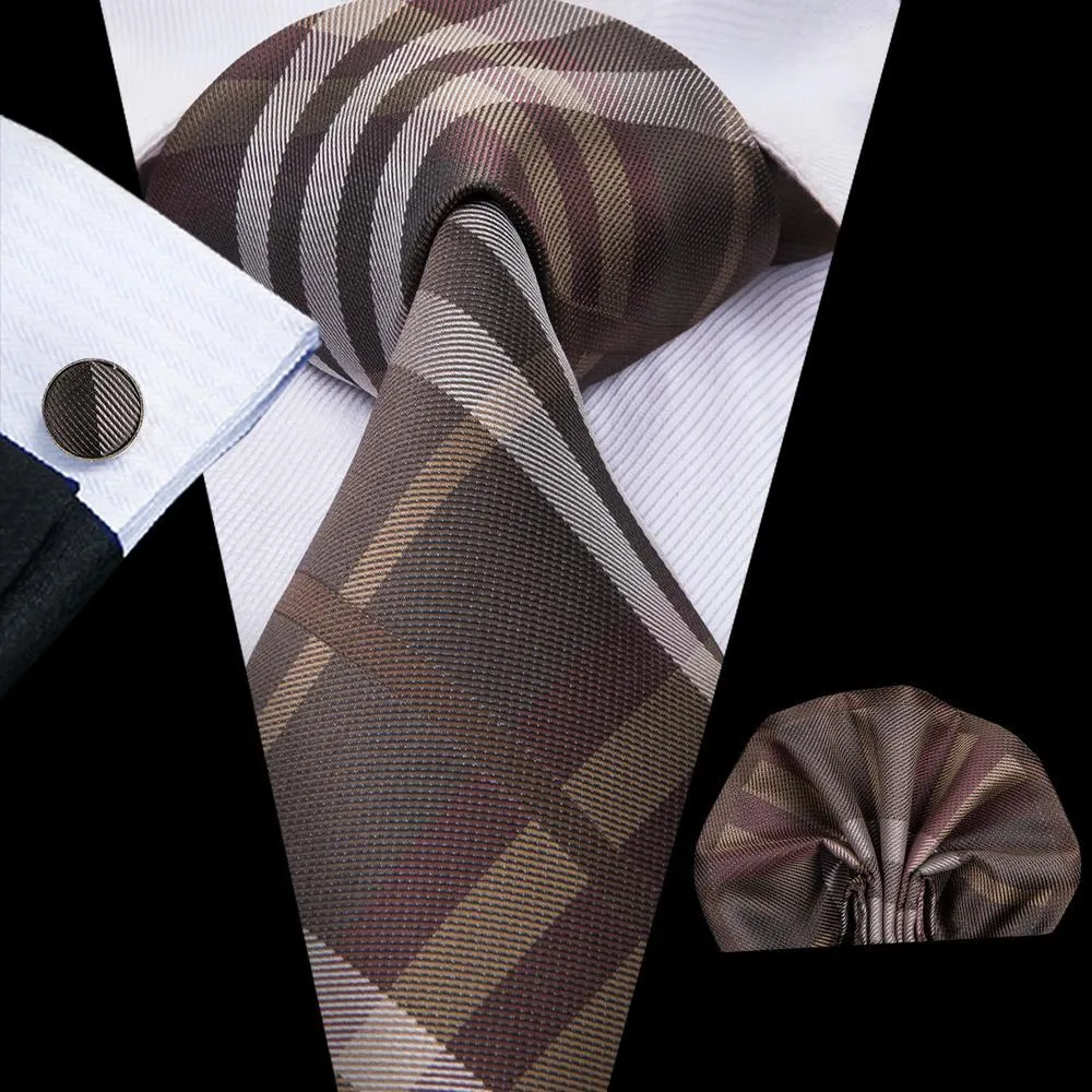 Hi-Tie Classic Brown Plaid Men's Necktie Pocket Square Cufflinks Set