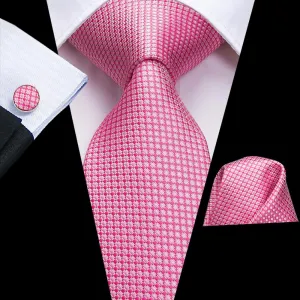 Hi-Tie Classic Pink Necktie Plaid Mens Tie Pocket Square Cufflinks Set