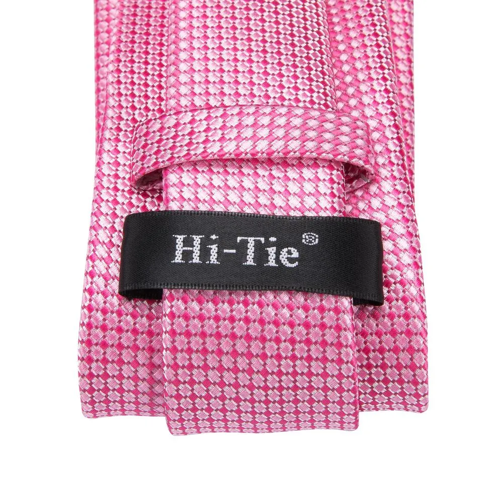 Hi-Tie Classic Pink Necktie Plaid Mens Tie Pocket Square Cufflinks Set