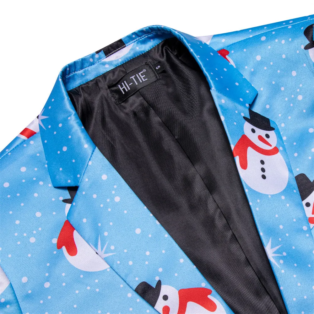 Hi-Tie Maya Blue Christmas Snowman Designer Silk Suit for Men