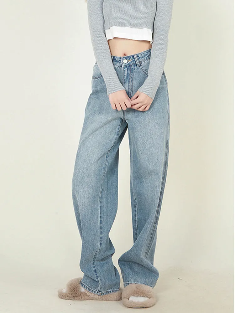 High Waist Loose Retro Brushed White Neutral Daddy Denim Trousers For Women