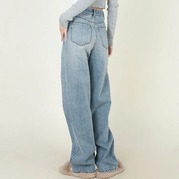 High Waist Loose Retro Brushed White Neutral Daddy Denim Trousers For Women