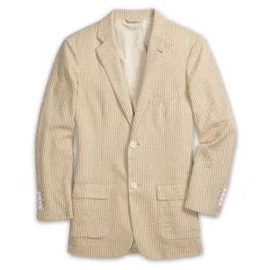 J. Peterman Men's Classic Fit Striped Seersucker Blazer in Tan and Cream