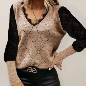 Knitted Lace Bottom Top Sexy V Neck Fashion Versatile Rhombus Sweater Women