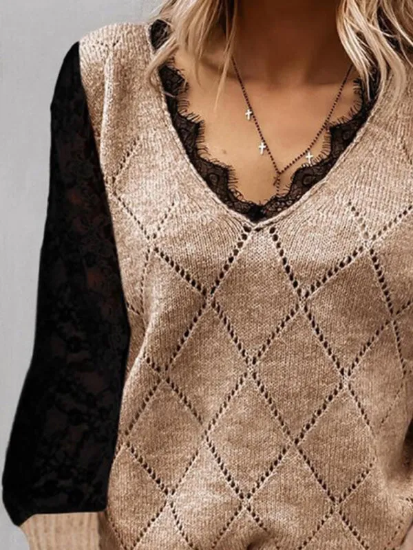 Knitted Lace Bottom Top Sexy V Neck Fashion Versatile Rhombus Sweater Women