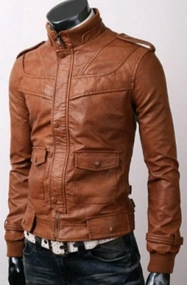 Men Slimfit Stylish Tan Brown Leather Jacket